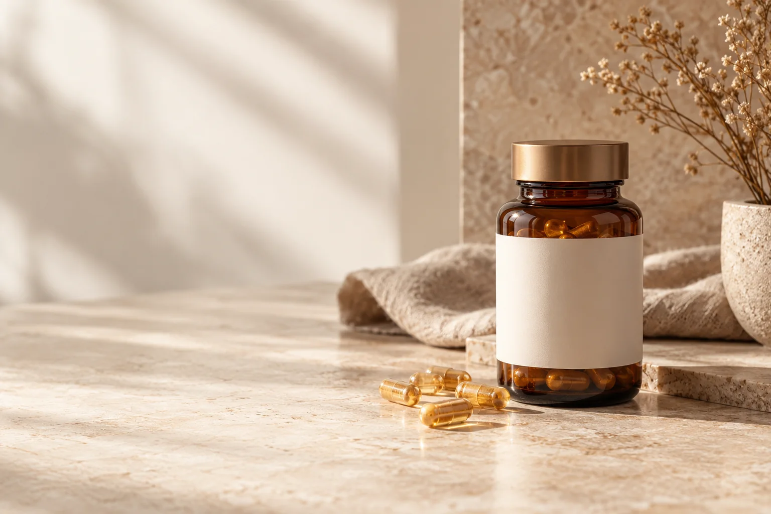 An amber supplement bottle with a few capsules on a warm neutral surface