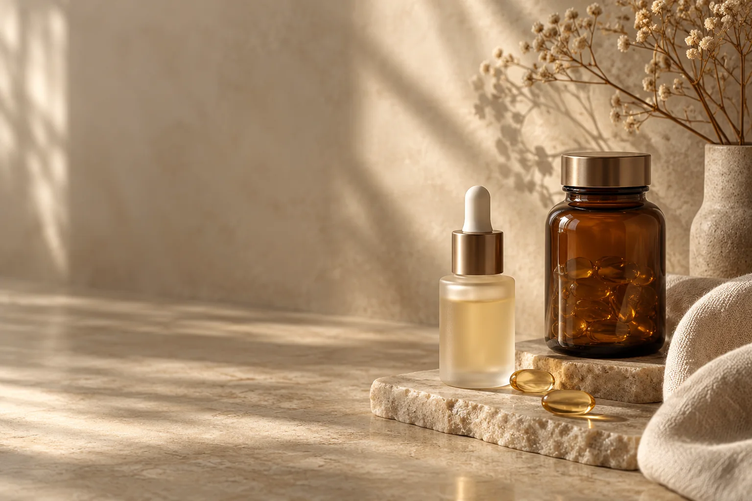 Skincare and supplement items arranged on a warm stone surface