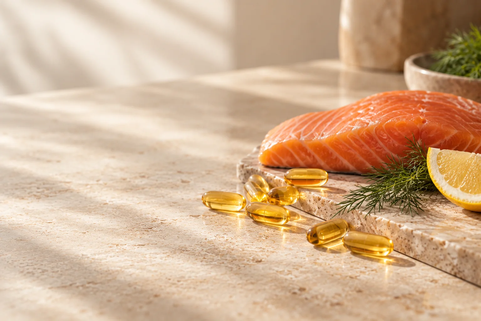 Golden omega-3 capsules beside a fillet of salmon and a slice of lemon