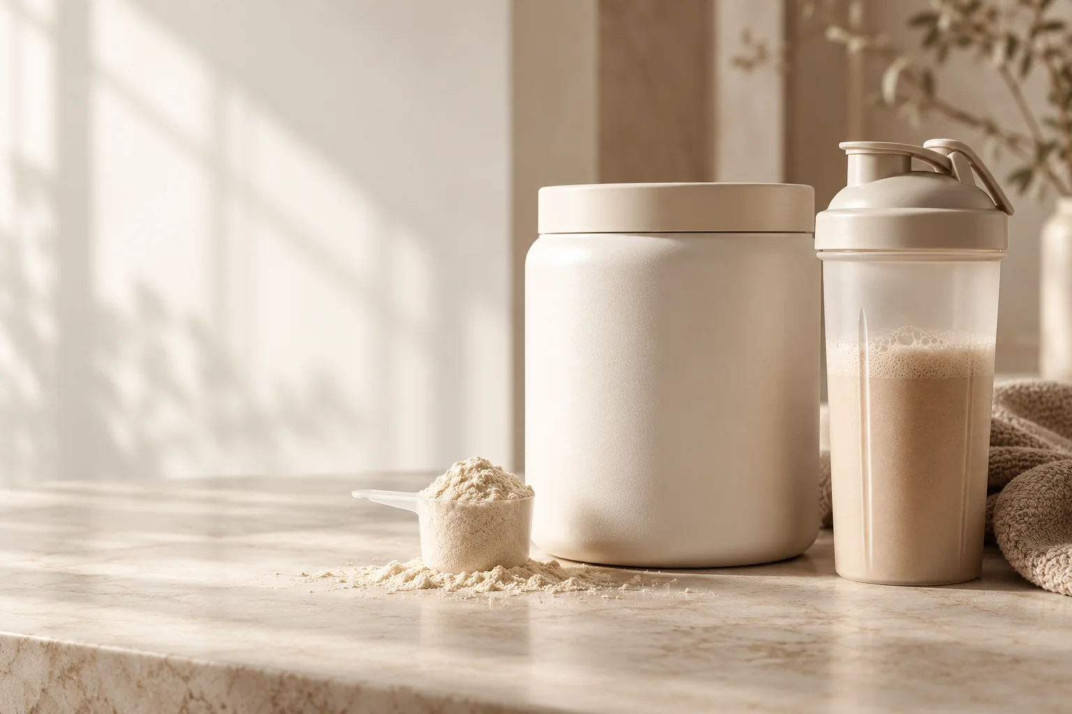 A tub of protein powder with a scoop and a shaker on a stone surface