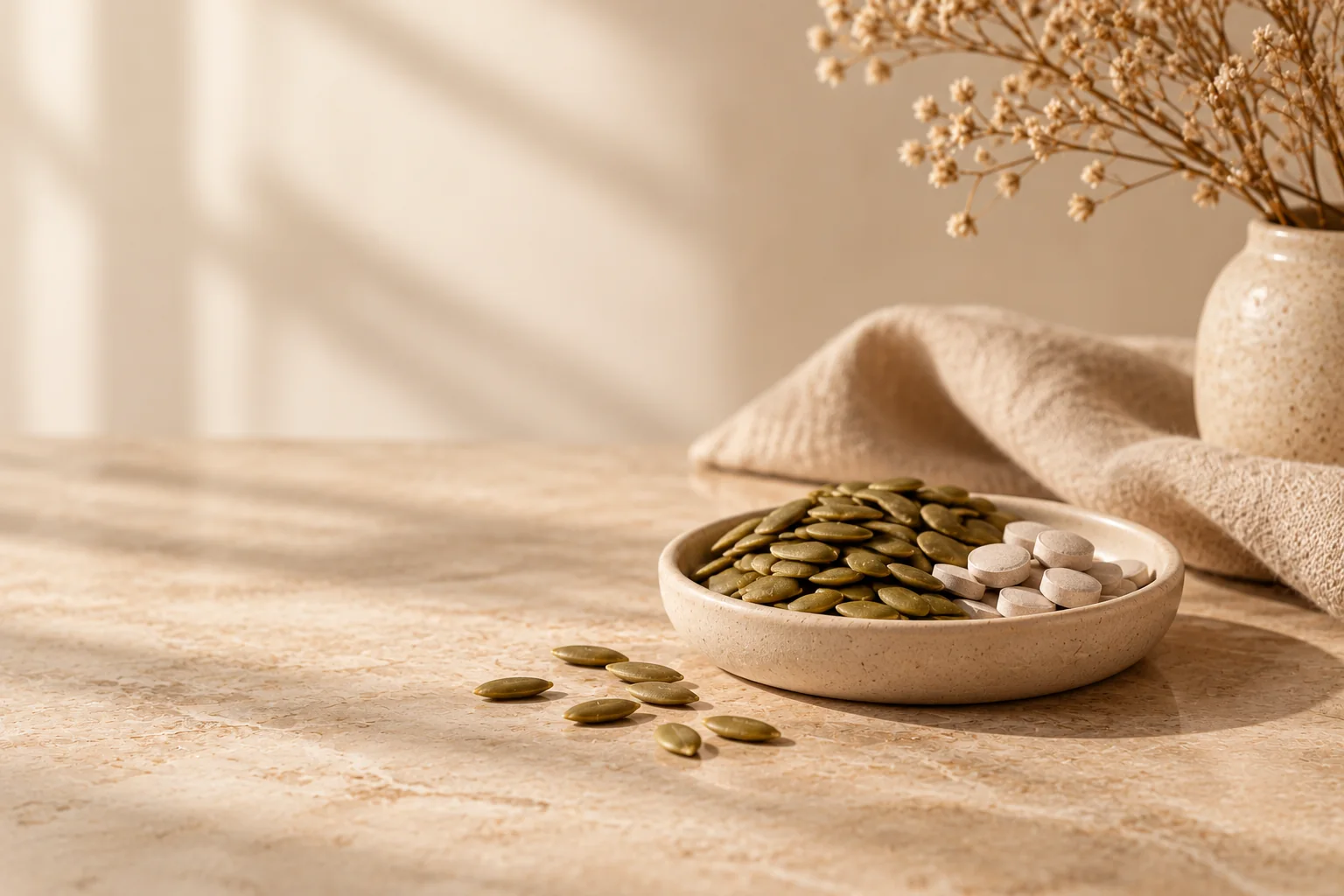Pumpkin seeds and a few zinc tablets in a small ceramic dish
