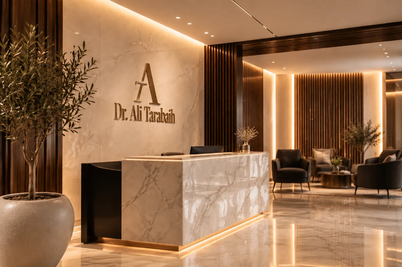 Clinic reception with a marble desk, walnut panelling and warm lighting